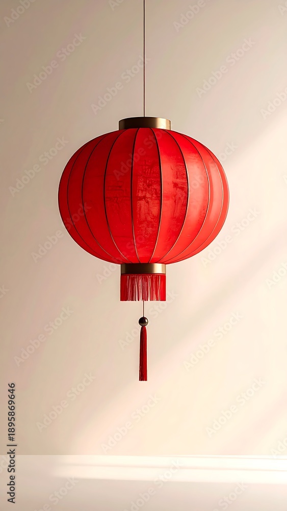Obraz premium Vibrant red traditional Chinese lantern elegantly suspended, casting a warm glow. This vibrant symbol of cultural celebration, good fortune, and prosperity is ideal for Lunar New Year