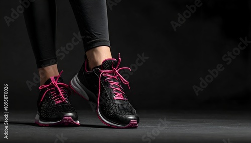 Close-up of a person's legs and running shoes in a studio setting against a black background, capturing motion