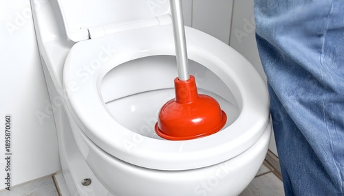 Close-up of a red plunger being used in a white toilet, someone standing near in blue jeans, resolving the clog