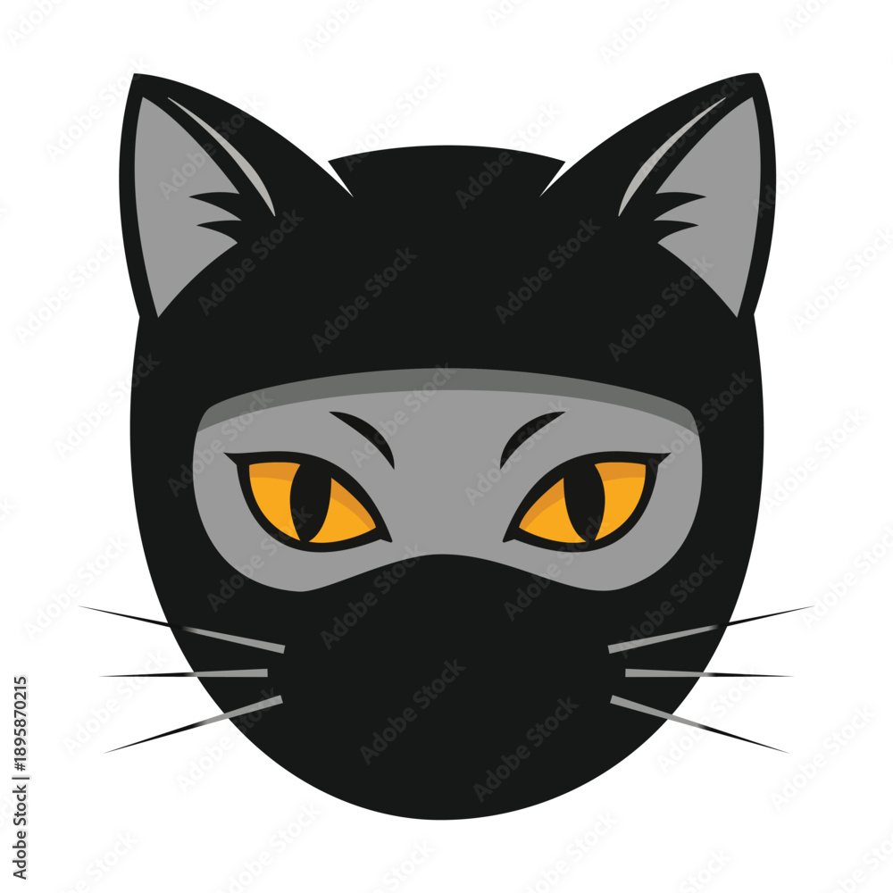 Fototapeta premium Stealth Ninja Cat Mascot Logo - Bold Black Cat Head with Ninja Mask and Glowing Eyes for Gaming, E-sports, and Martial Arts Branding