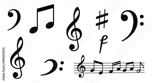 Collection of various musical notes and symbols on a white background.