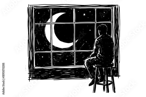 Hand drawn sketch illustration of lonely man sitting on stool looking at crescent moon through window at night