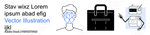 Artificial intelligence, facial recognition, security systems, automation, technology branding, digital future. Face scan grid, briefcase and AI bot pointing. Facial recognition and security systems
