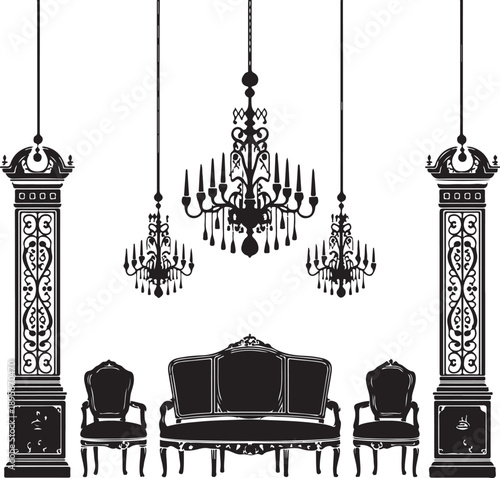 Grand Ornate Interior Scene with Chandeliers, Sofa, and Decorative Columns