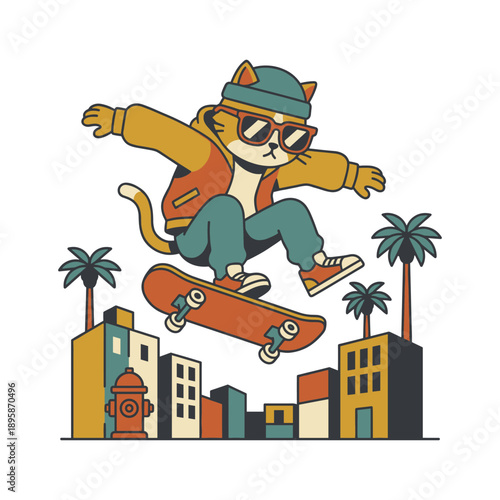 Skateboarding Cat in Retro City Illustration