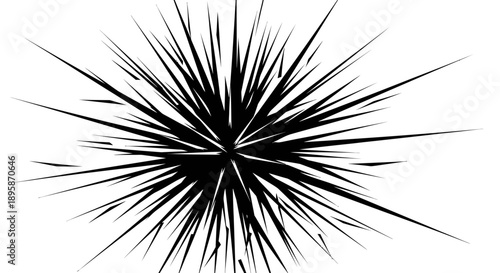 A dynamic abstract starburst illustration made of sharp black radial lines expanding from the center, representing energy, explosion, impact, motion, power, and dramatic emphasis; ideal for graphic de