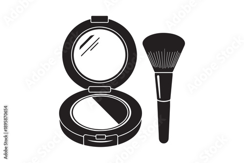 Powder compact with mirror and cosmetic brush makeup application design silhouette vector art