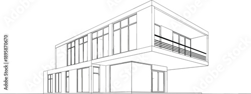 Modern two story house architectural perspective drawing with minimalist exterior design large glass windows and balcony wireframe illustration