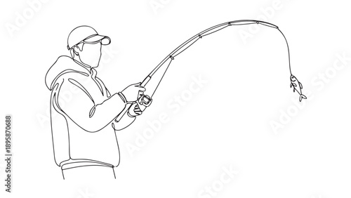 Minimalist Continuous Line Art of an Angler Fishing with a Rod, Depicting a Successful Catch of a Fish, Ideal for Outdoor Hobby and Recreation Concepts