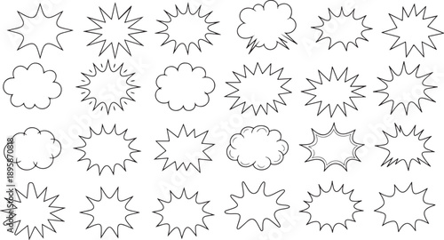 Set of Comic Style Empty Speech Bubbles and Hand Drawn Action Burst Outlines