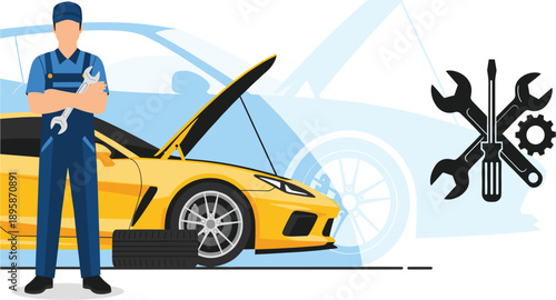 Car Repair and Auto Service Vector Illustration with Professional Mechanic, Open Hood Sports Car, Maintenance Tools Icon, and Automotive Workshop Concept