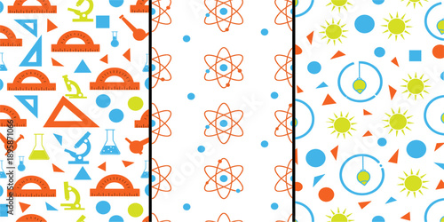 Colorful Science Education Seamless Pattern Set with Math Geometry Tools, Chemistry Lab Icons, Physics Symbols, and STEM Learning Background Design