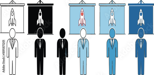 Business Presentation and Startup Pitch Concept with Rocket Launch Slides, Corporate Speakers, Project Comparison, Leadership Communication, and Strategy Illustration