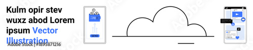 Data storage, technology connectivity, cloud solutions, app design, online sharing, and digital interfaces. Minimalist visual of cloud and device screens. Cloud solutions and technology connectivity