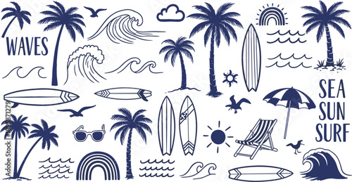 Navy blue hand drawn summer beach vector set with palm trees surfboards ocean waves and tropical holiday elements