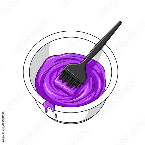 Stylized illustration depicts a black applicator brush mixing vibrant purple hair dye or chemical colorant inside a simple white blending bowl, perfect for beauty concepts.