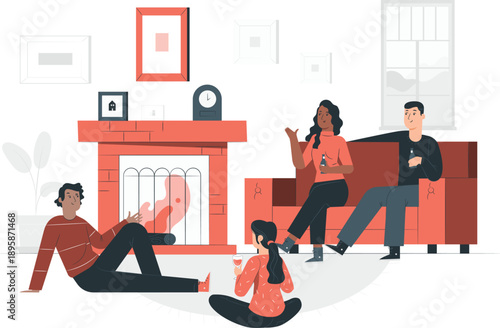 Family Relaxing Together in a Cozy Living Room Scene with Fireplace and Modern Furniture from a Slightly Elevated Viewpoint