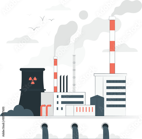 Industrial landscape with nuclear power plant and factories emitting smoke and pollution into the atmosphere from a distant viewpoint