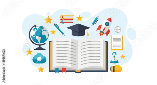 An open book surrounded by educational icons and symbols, representing learning and academic achievement from a top-down viewpoint.