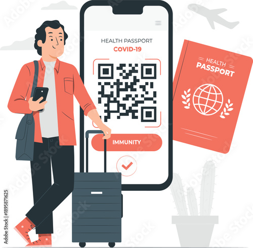 Man holding phone with digital health passport and immunity status while standing with luggage