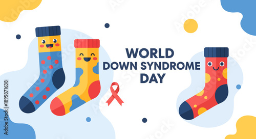 Colorful socks with smiley faces and a red ribbon symbolizing awareness for World Down Syndrome Day on a playful background