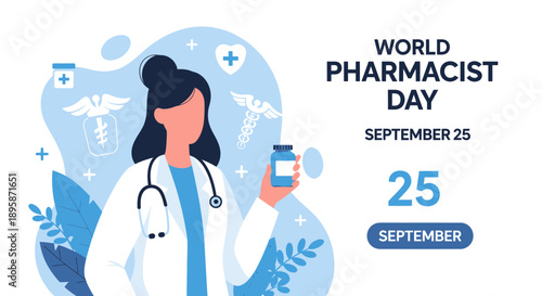 Female pharmacist holding medicine bottle, celebrating World Pharmacist Day on September 25, illustration, healthcare professional, medical theme