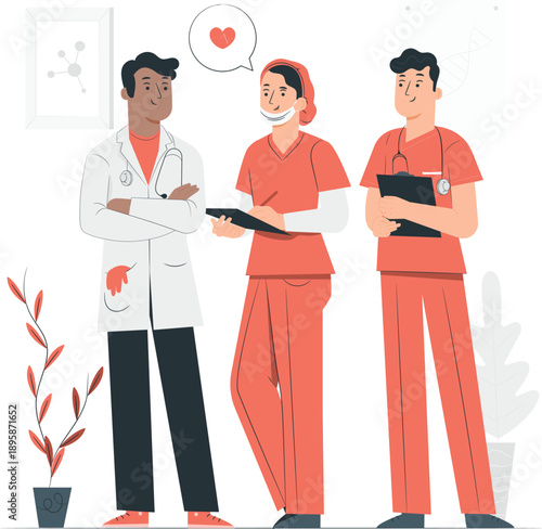 Medical professionals discussing patient care in a clinical setting with a doctor, nurse, and healthcare worker collaborating effectively