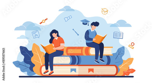 Students Engaged in Reading on Large Books in a Serene Environment from a Distant Viewpoint