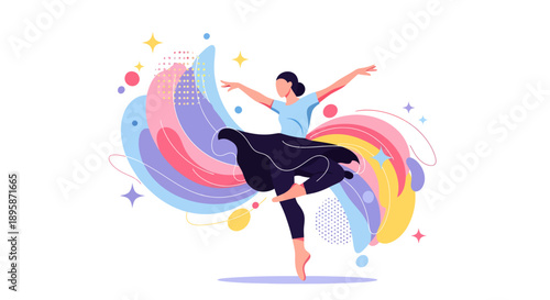 A young woman dancing dynamically in a colorful, abstract environment, surrounded by swirling shapes and stars from a slightly elevated viewpoint.