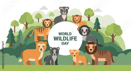 Celebrating World Wildlife Day with diverse animals in a vibrant forest landscape illustration