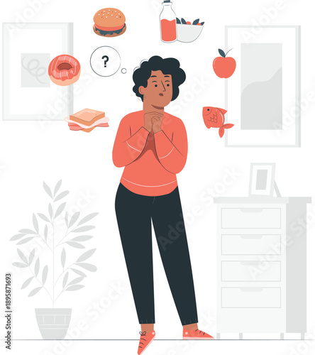 A woman contemplating food choices in a modern home interior with floating objects and thought bubbles surrounding her