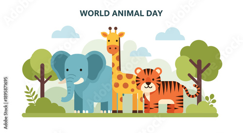 Celebrating World Animal Day with elephant, giraffe, tiger, animals, wildlife in a natural habitat illustration