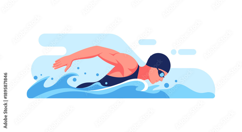 Fototapeta premium A male swimmer in a cap glides through the water with a powerful stroke, viewed from the side in a dynamic illustration.