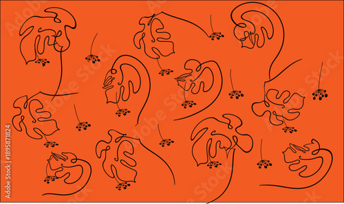Abstract Black Line Floral Leaves on Orange Background