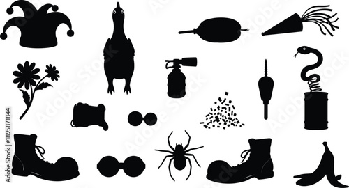 Collection of 15 black silhouettes on white background