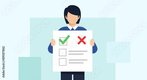 Woman holding checklist with green tick and red cross in office environment from front view
