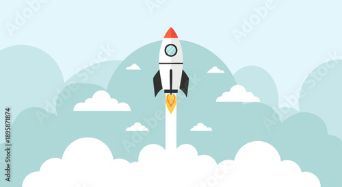 A cartoon rocket ship blasting off into the sky with clouds in the background from a low angle viewpoint