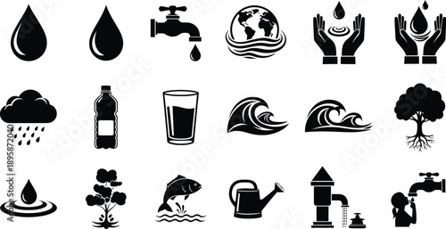 Collection of water and fire icons in various forms