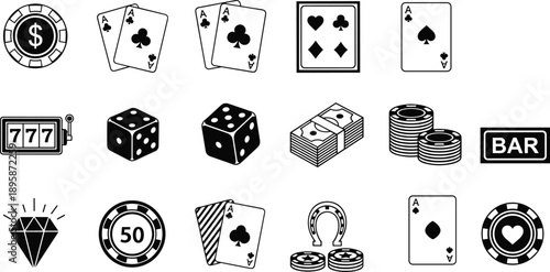 Minimalist black and white casino and gambling icons set featuring playing cards, poker chips, dice, slot machine symbols and betting elements isolated on white background