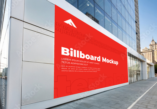 Horizontal Billboard Mockup on Office Building Wall for Urban Advertising Presentation