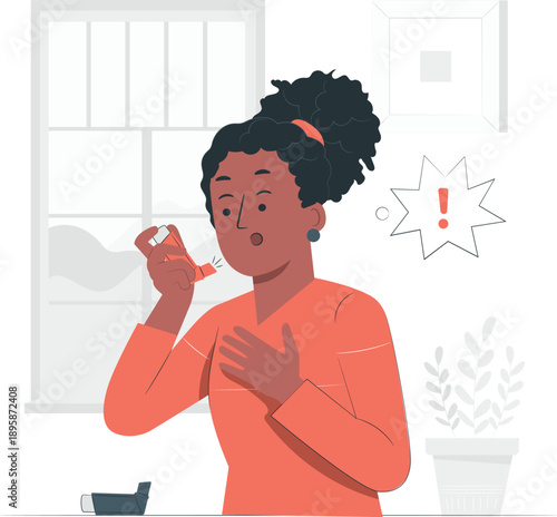 Woman experiencing asthma symptoms while using inhaler indoors at home