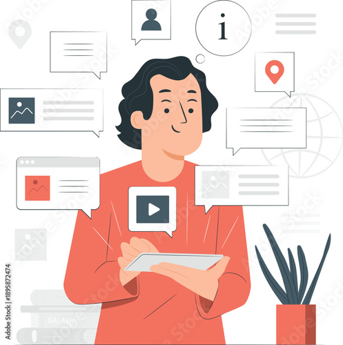 Person holding tablet surrounded by social media icons and communication symbols in a modern digital landscape