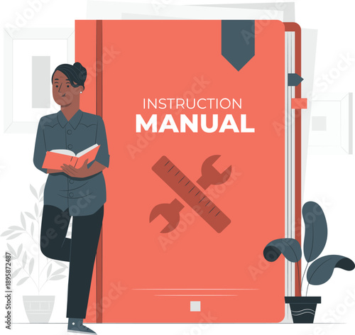 Woman reading instruction manual beside large orange book with tools on cover, standing in a modern office environment with plants nearby, viewed from the side