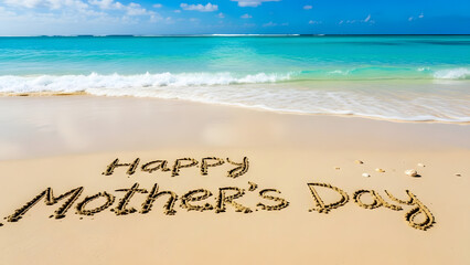 A serene beach scene with Happy Mother's Day message in the sand