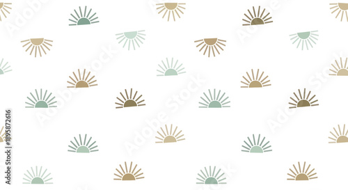 Minimalist sunburst pattern with muted earth tones on a white background, vector art.