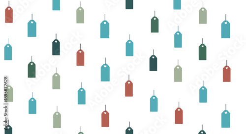 Scattered retail price tags in muted colors on a white background, flat design vector.