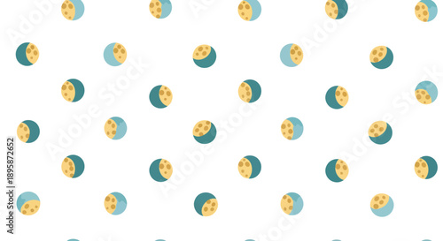 Repeating pattern of moon phases in yellow and teal on white background, flat design vector
