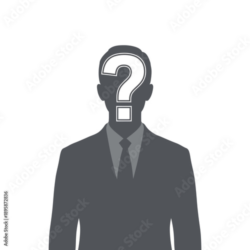 Anonymous silhouette icon of a professional businessman wearing a suit and tie with a prominent white question mark replacing his face feature.