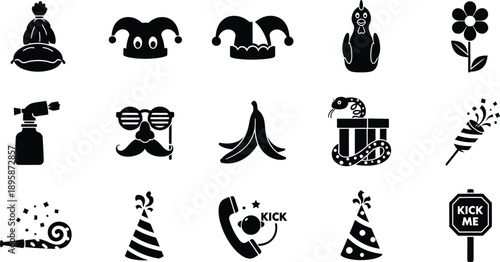 Black and white icons of various party and carnival symbols