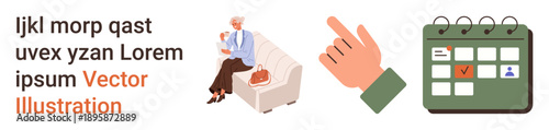 Healthcare for seniors, daily planning, time management, appointment scheduling, productivity, aging lifestyle. Elderly woman on a couch, hand gesture pointing calendar with date marked. Healthcare